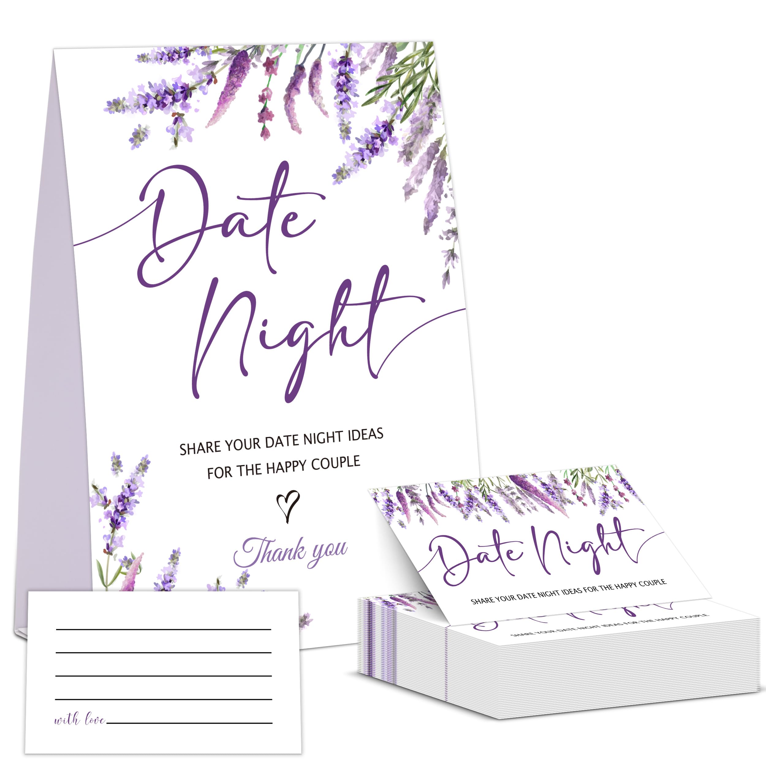 Lavender Purple Date Night Game, Date Night Ideas Sign with 50 Cards, Bridal Shower Game, Modern Bridal Shower Decorations, Wedding Date Night Advice - 09