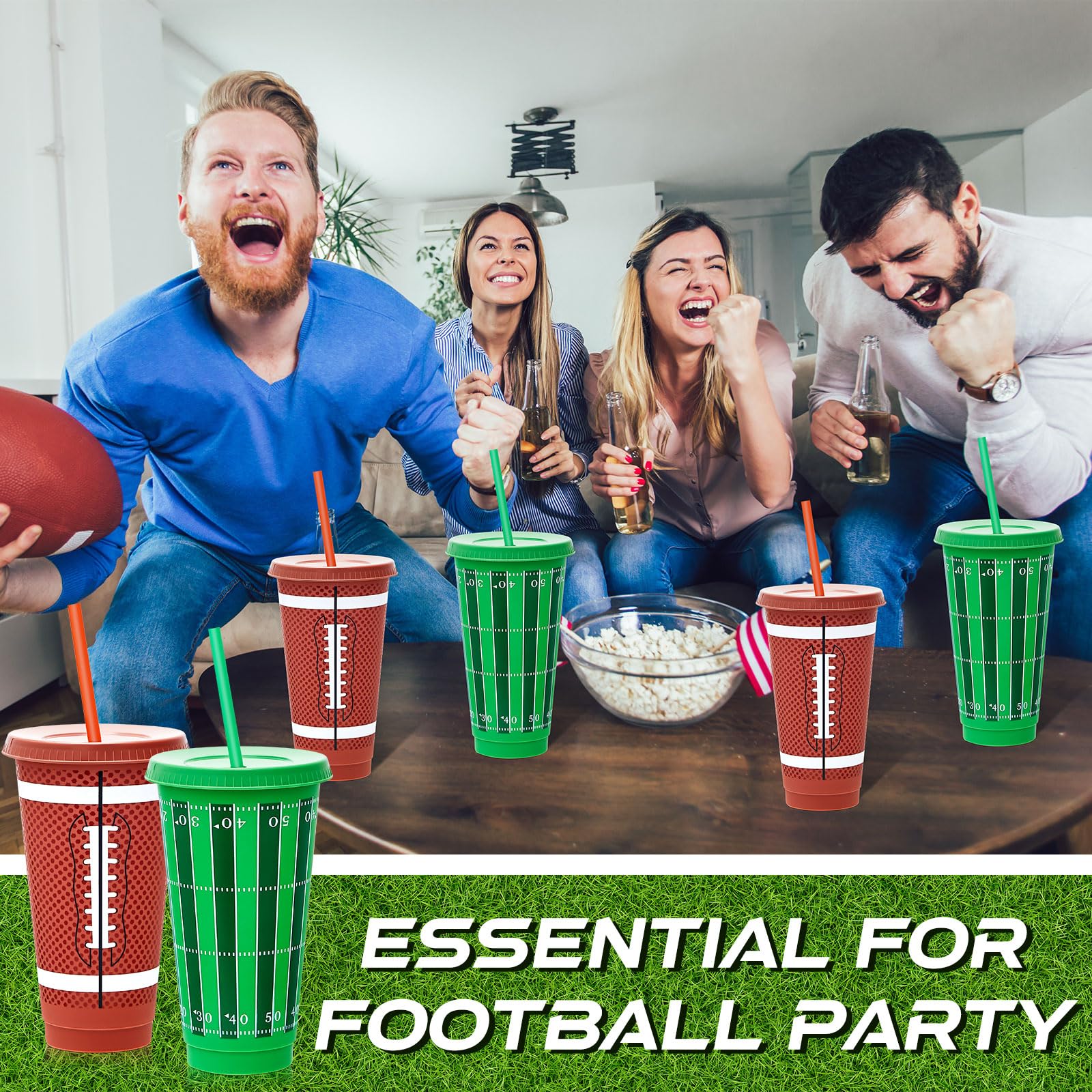 Uiifan 12 Pcs Football Cups with Lid and Straw Football Party Favors Plastic Tumbler Reusable Football Cups for Football Birthday Sport Party Decoration(24oz)