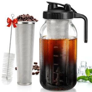 dwts danweitesi cold brew coffee maker 64 oz,2-quart wide mouth cold brew maker with stainless steel cold brew filter-mason jar pitcher with lid and spout for coffee,iced coffee accessories(black)