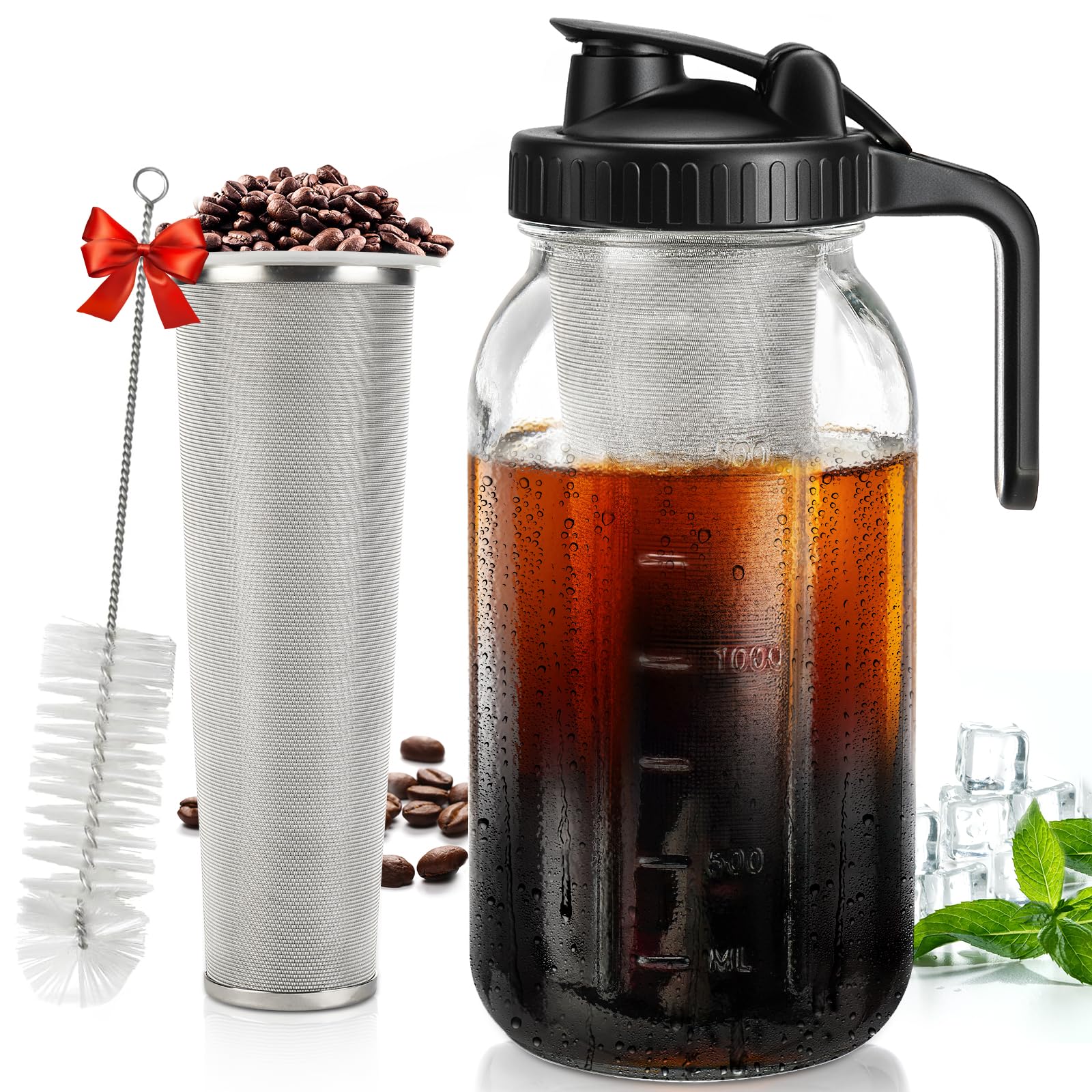 DWTS DANWEITESI Cold Brew Coffee Maker 64 oz,2-Quart Wide Mouth Cold Brew Maker with Stainless Steel Cold Brew Filter-Mason Jar Pitcher with Lid and Spout for Coffee,Iced Coffee Accessories(Black)