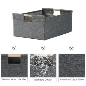 VinneGenzz Storage Bins Cotton Linen Fabric Storage Boxes Basket with Wooden Handles Foldable Washable Decorative Shelf Container Clothes Organizer Home Laundry - Large Size, Gray