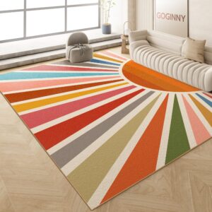 washable 5x7 sun area rug for living room, rainbow sun modern boho large area rugs, ultra thin low pile lightweight soft indoor floor carpet with non-slip backing for bedroom kids nursery play room