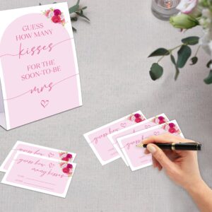 Pink Floral Bridal Shower Game, Guess How Many Kisses For The Soon To Be Mrs, Pack of 1 Sign and 50 Guessing Cards, Modern Bridal Shower Decorations, Wedding Shower Supplies - 01