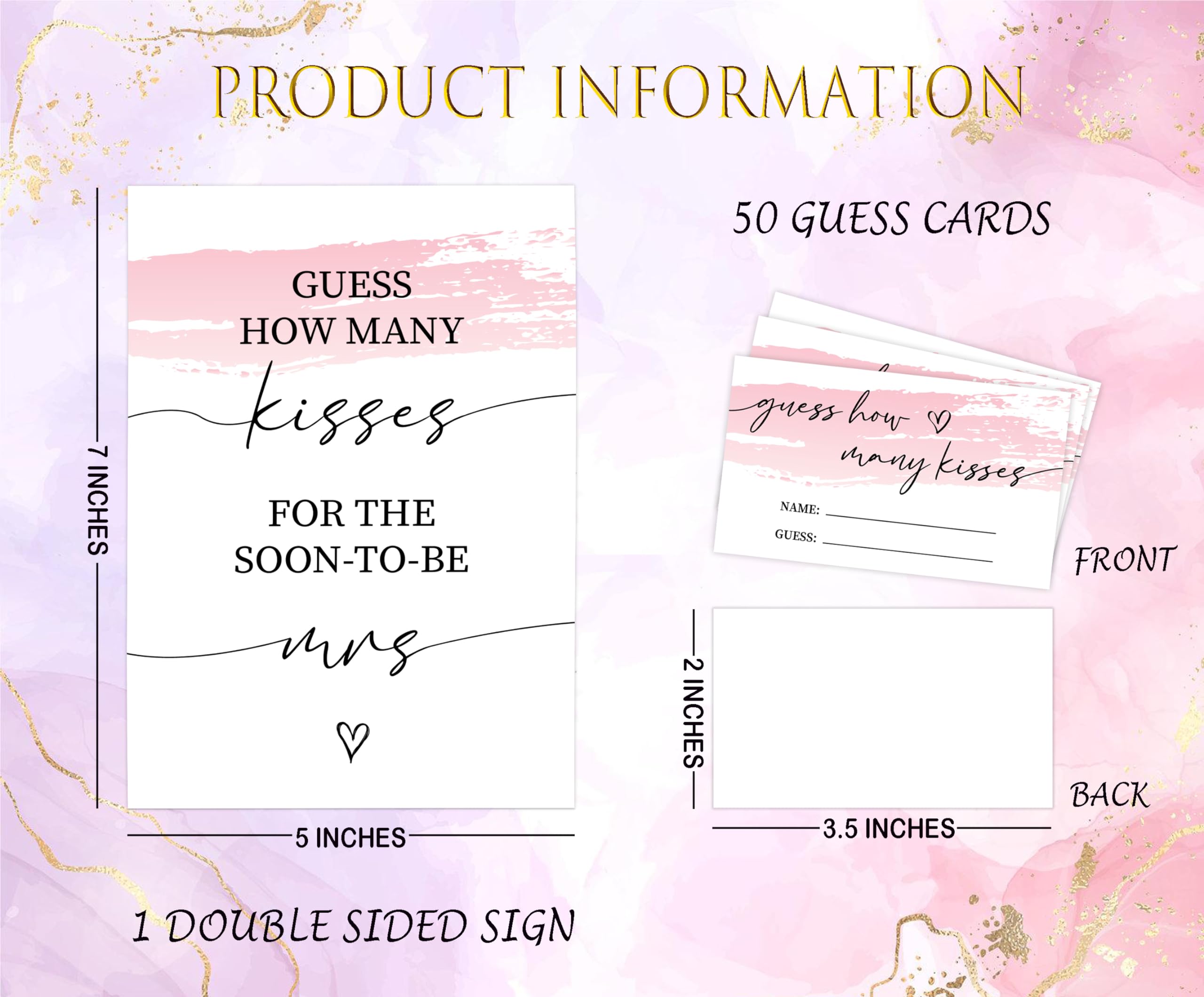 Pink Swash Bridal Shower Game, Guess How Many Kisses For The Soon To Be Mrs, Pack of 1 Sign and 50 Guessing Cards, Modern Bridal Shower Decorations, Wedding Shower Supplies - 05