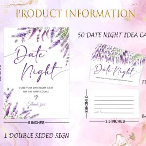 Lavender Purple Date Night Game, Date Night Ideas Sign with 50 Cards, Bridal Shower Game, Modern Bridal Shower Decorations, Wedding Date Night Advice - 09