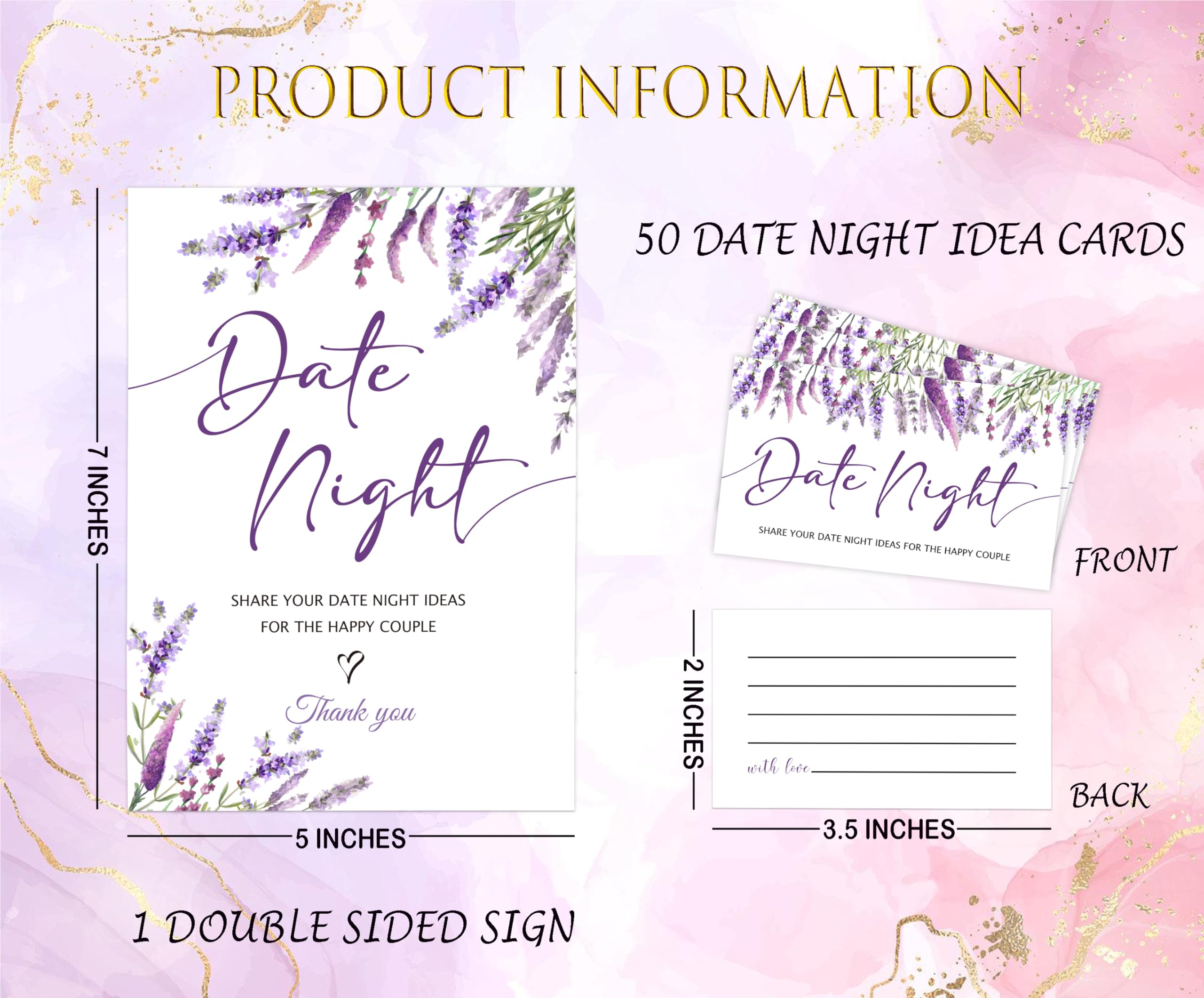 Lavender Purple Date Night Game, Date Night Ideas Sign with 50 Cards, Bridal Shower Game, Modern Bridal Shower Decorations, Wedding Date Night Advice - 09