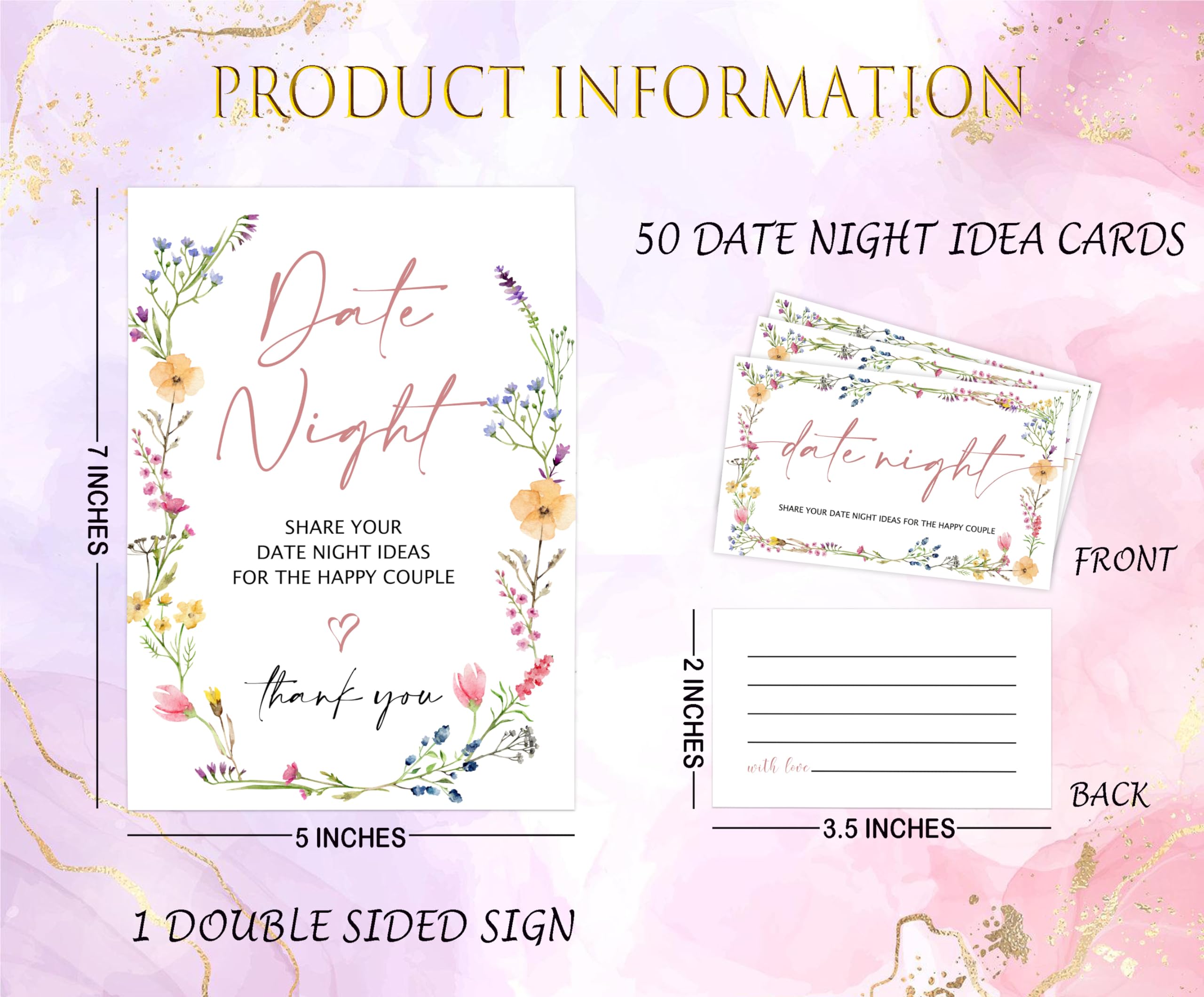 Wildflowers Date Night Game, Date Night Ideas Sign with 50 Cards, Bridal Shower Game, Boho Bridal Shower Decorations, Wedding Date Night Advice - 07