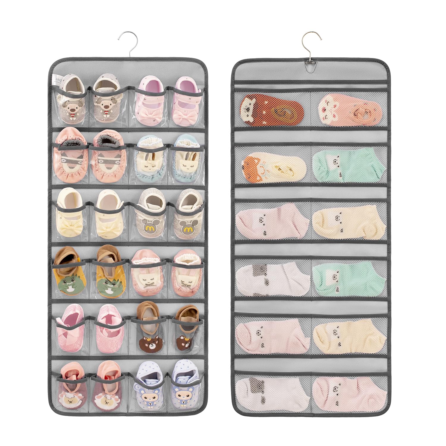 ANIZER Dual-sided Hanging Baby Shoes Organizer Closet Toddler Shoe Storage Holder for Kids Bow Socks Underwear (GREY)