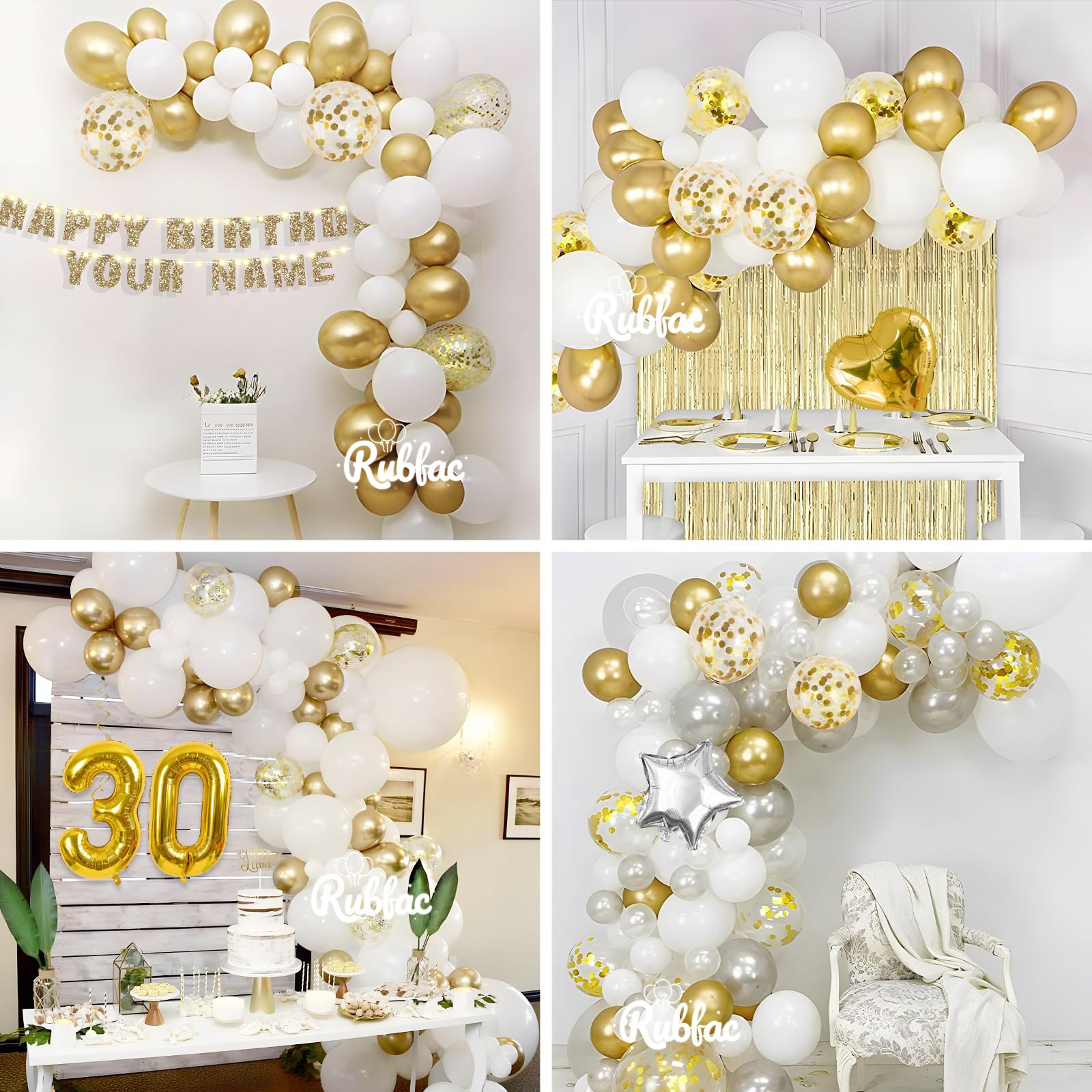 RUBFAC 120pcs 12 Inches White Gold Balloon Kit, Metallic Chrome Gold and Confetti Balloons for Birthday Wedding Engagement Bridal Shower Decorations