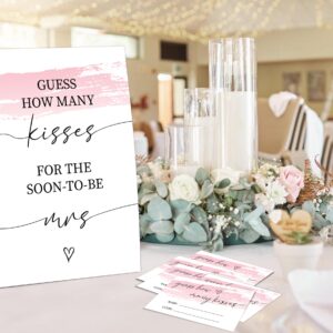 Pink Swash Bridal Shower Game, Guess How Many Kisses For The Soon To Be Mrs, Pack of 1 Sign and 50 Guessing Cards, Modern Bridal Shower Decorations, Wedding Shower Supplies - 05