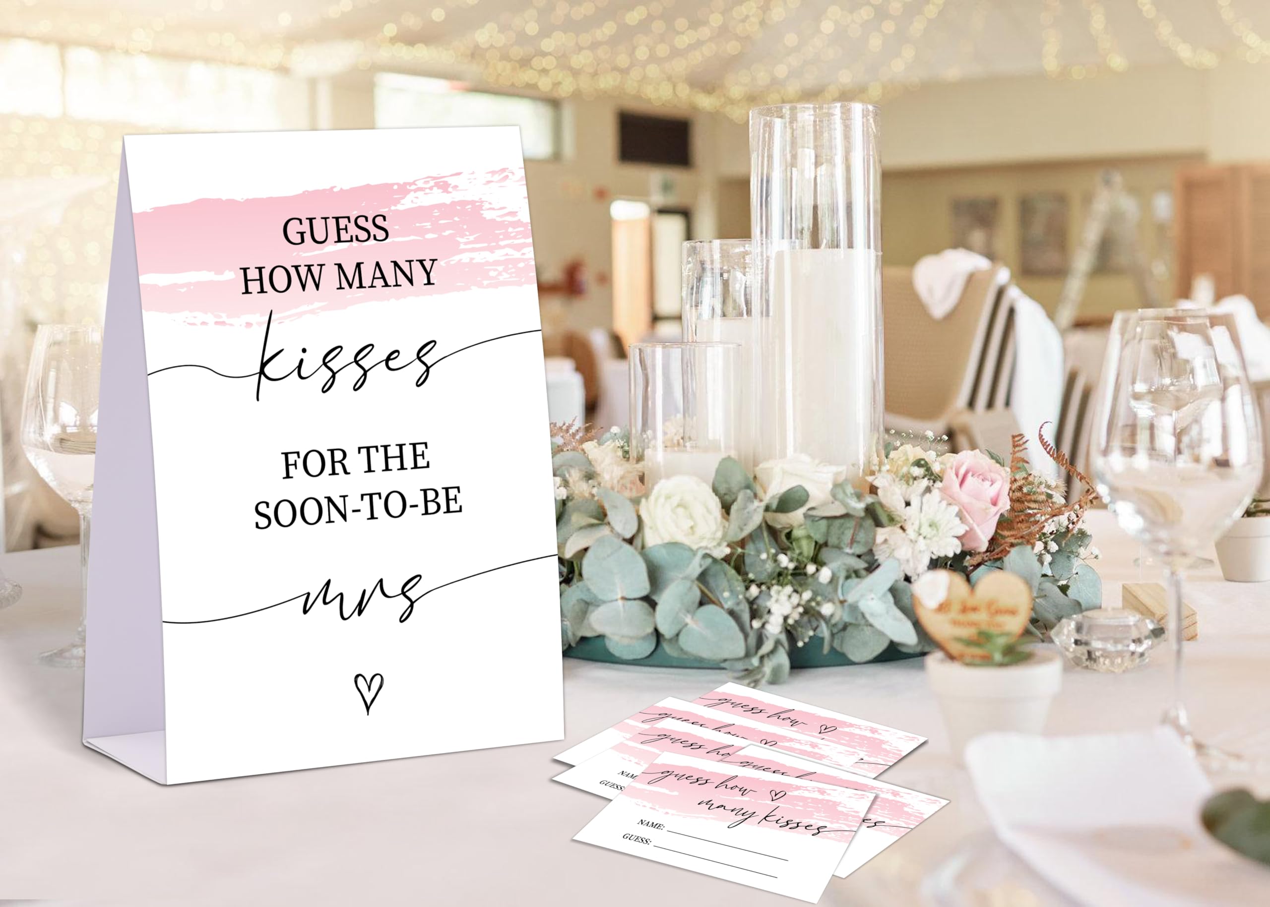 Pink Swash Bridal Shower Game, Guess How Many Kisses For The Soon To Be Mrs, Pack of 1 Sign and 50 Guessing Cards, Modern Bridal Shower Decorations, Wedding Shower Supplies - 05