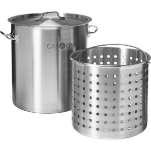 gasone stainless steel stockpot with basket – 53qt stock pot with lid and reinforced bottom – heavy-duty cooking pot for deep frying, turkey frying, beer brewing, soup, seafood boil – satin finish