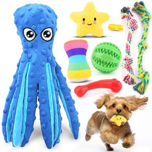 puppy toys 8 pack for small dogs, luxury christmas dog chew toys with squeaky plush toys, rope toys and ball, teething toys for puppy supplies (blue)