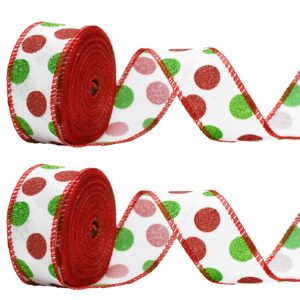 christmas wired ribbon 22 yards 1.5 inch christmas red green dots ribbon 2 rolls christmas glitter ribbon christmas tree ribbon polka dots burlap ribbon for christmas decoration, diy crafts (white)