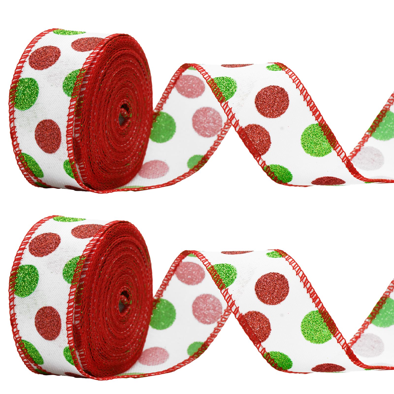 Christmas Wired Ribbon 22 Yards 1.5 Inch Christmas Red Green Dots Ribbon 2 Rolls Christmas Glitter Ribbon Christmas Tree Ribbon Polka Dots Burlap Ribbon for Christmas Decoration, DIY Crafts (White)