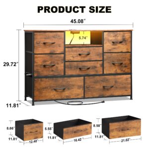 EKNKOZY Dresser TV Stand with 8 Drawers, Dresser TV Stand with LED Lights & Power Outlets, Bedroom Dresser, Chest of Drawers for 55'' Long TV, Wide Fabric Dresser (Rustic Brown)