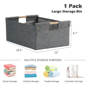 VinneGenzz Storage Bins Cotton Linen Fabric Storage Boxes Basket with Wooden Handles Foldable Washable Decorative Shelf Container Clothes Organizer Home Laundry - Large Size, Gray