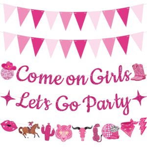 5 pcs let’s go party banner hot pink party decorations cowgirl pennant flag come on girls banner princess themed hanging decor for birthday princess wedding bridal shower party supplies