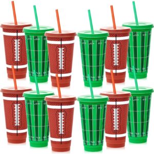 uiifan 12 pcs football cups with lid and straw football party favors plastic tumbler reusable football cups for football birthday sport party decoration(24oz)