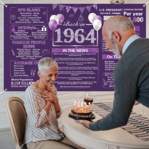 Crenics Purple 60th Birthday Decorations for 1964, Back in 1964 Birthday Backdrop Banner 5.9 x 3.6 Ft, 60 Years Old Birthday Party Supplies for Women