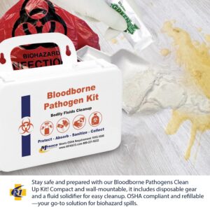 MFASCO Blood Borne Pathogens Clean Up Kit - Wall-Mountable or Portable - OSHA Compliant - Disposable Protection Gear - Bleach-Free Solidifier - Easy Cleanup - Compact Design - Refillable - 9 Pcs