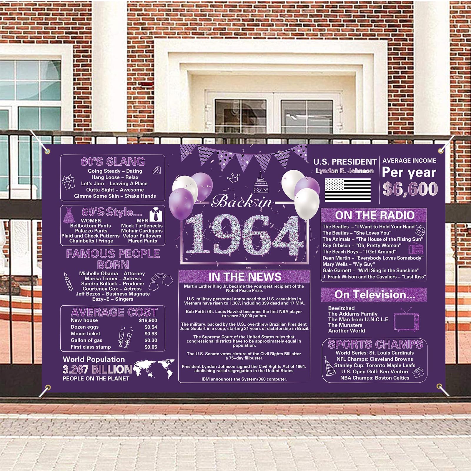 Crenics Purple 60th Birthday Decorations for 1964, Back in 1964 Birthday Backdrop Banner 5.9 x 3.6 Ft, 60 Years Old Birthday Party Supplies for Women