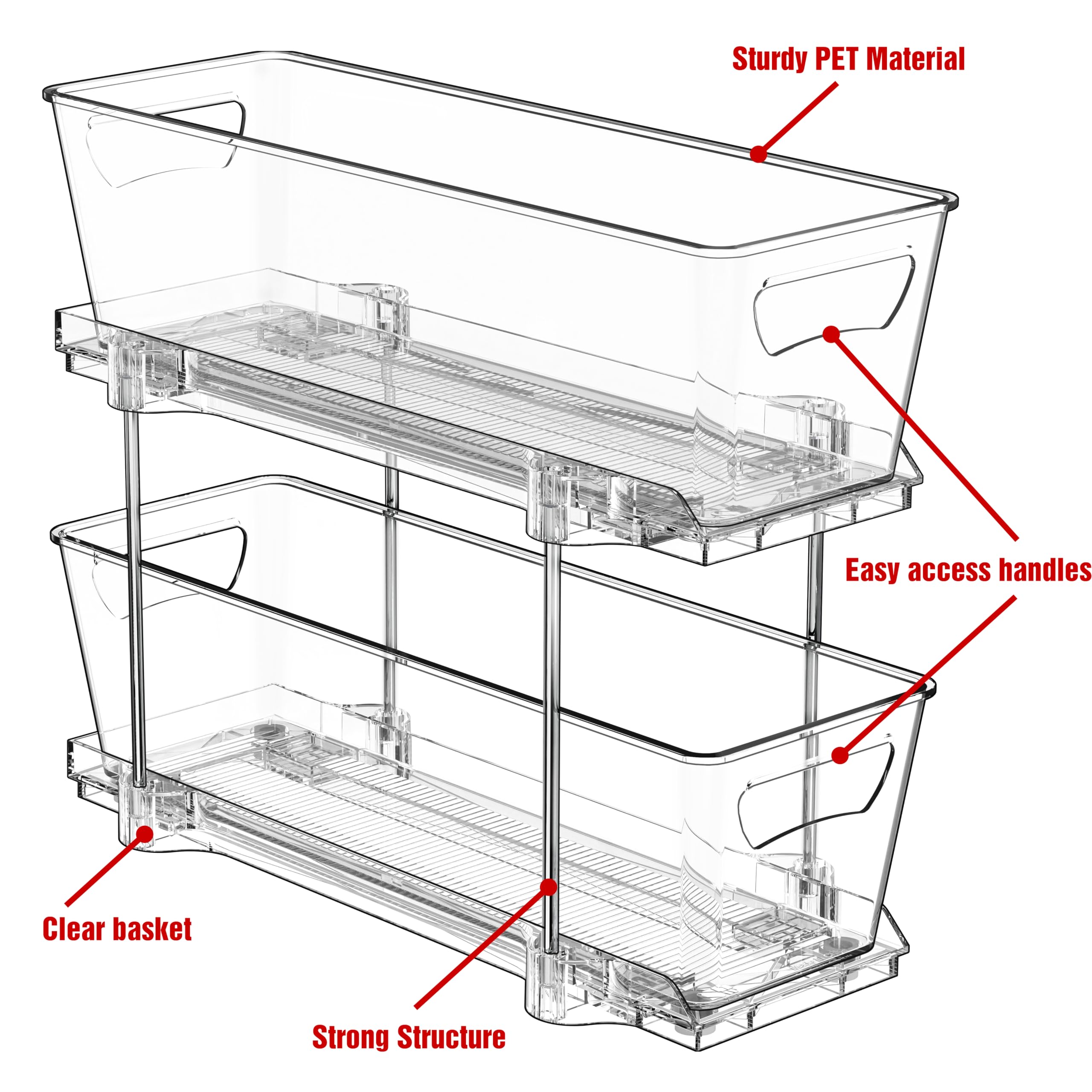 Simple Houseware 2-Tier Narrow Basket Drawer Cabinet Pull-Out Organizer, Clear