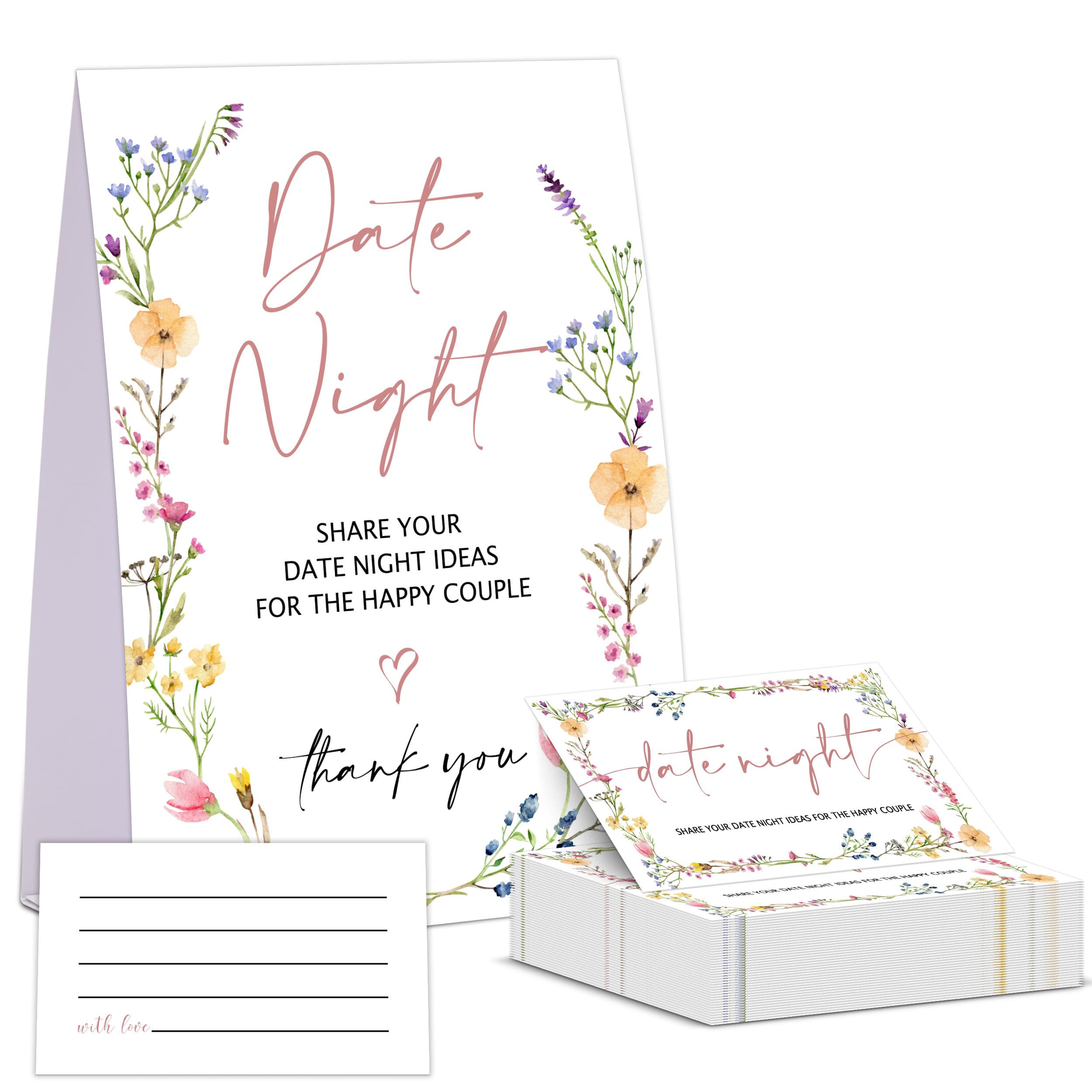 Wildflowers Date Night Game, Date Night Ideas Sign with 50 Cards, Bridal Shower Game, Boho Bridal Shower Decorations, Wedding Date Night Advice - 07