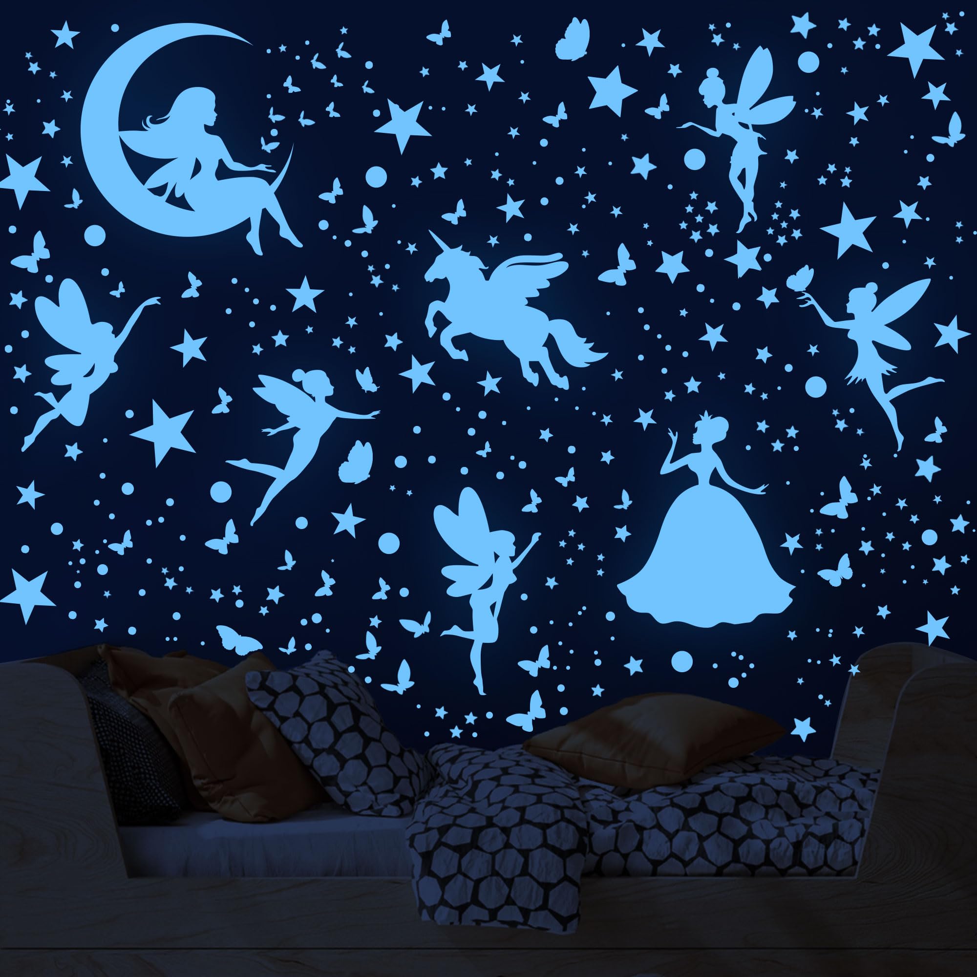 Glow in The Dark Stars Unicorn Bedroom Decor for Girls Glow in The Dark Stars for Ceiling Fairy Butterfly Wall Decals Glow in The Dark Space Galaxy Wall Stickers Kids Nursery Living Room Wall Decor