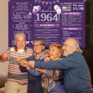 Crenics Purple 60th Birthday Decorations for 1964, Back in 1964 Birthday Backdrop Banner 5.9 x 3.6 Ft, 60 Years Old Birthday Party Supplies for Women