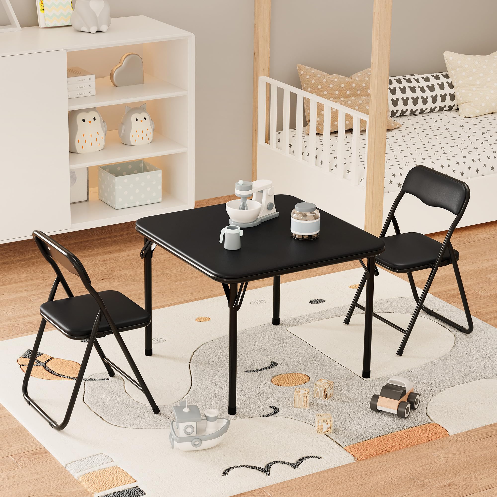 GAOMON Boys and Girls Folding Table and Chairs Set of 3, Portable Table and Chair with PU Soft Cushion,Suitable for Eating,Reading and Playing-Black