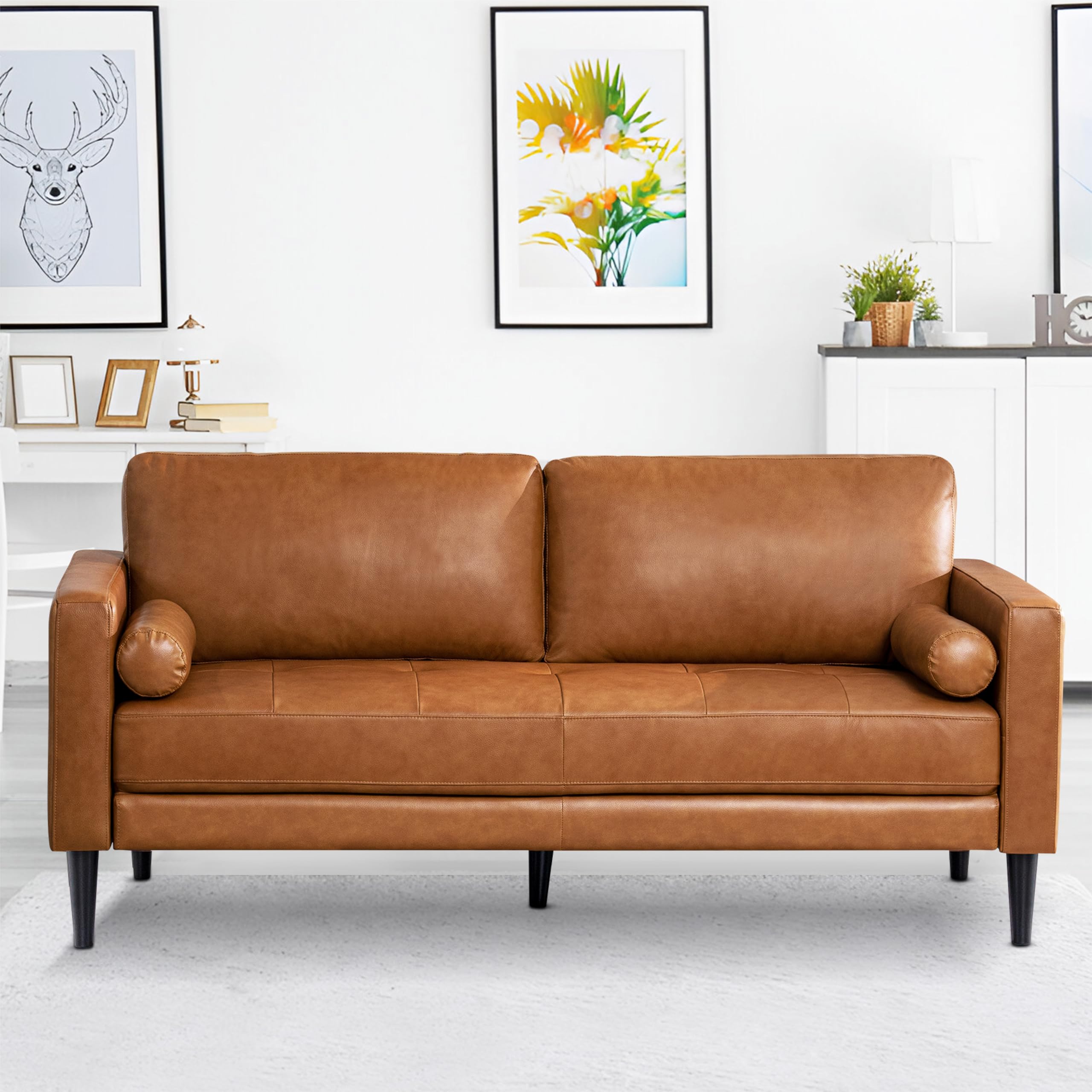 Naomi Home Genuine Leather Sofa - Revel in Exquisite Leather Opulence - Unparalleled Luxury Mid-Century Leather Sofa - Embodiment of Cozy Lounging and Contemporary Design Tan