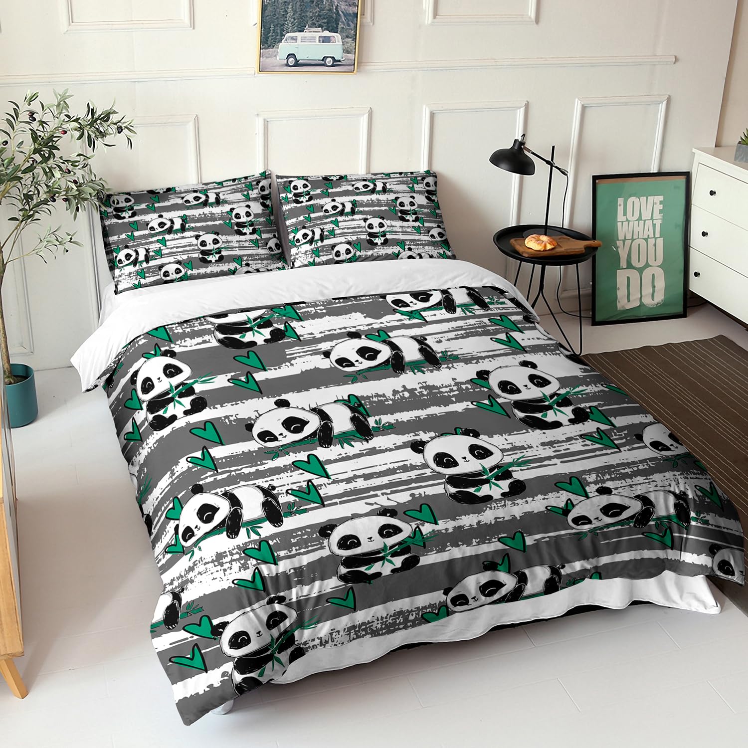 AILONEN Cute Panda Duvet Cover Set Queen Size, Chinese Panda Bamboo Themed Bedding Set,Kawaii Animals Print Comforter Cover Set 3 Pieces, 1 Quilt Cover and 2 Pillowcases