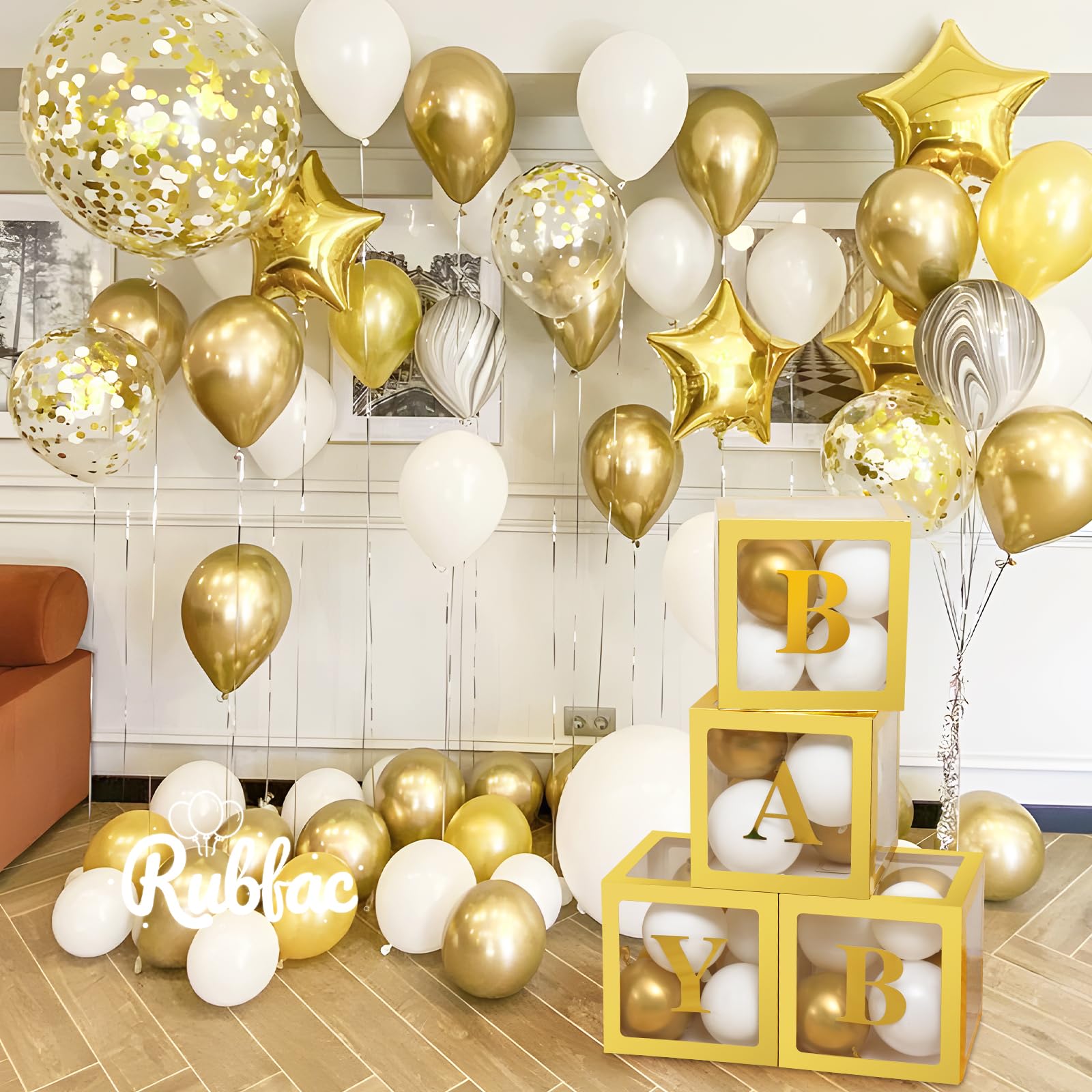 RUBFAC 120pcs 12 Inches White Gold Balloon Kit, Metallic Chrome Gold and Confetti Balloons for Birthday Wedding Engagement Bridal Shower Decorations