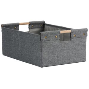 vinnegenzz storage bins cotton linen fabric storage boxes basket with wooden handles foldable washable decorative shelf container clothes organizer home laundry - large size, gray