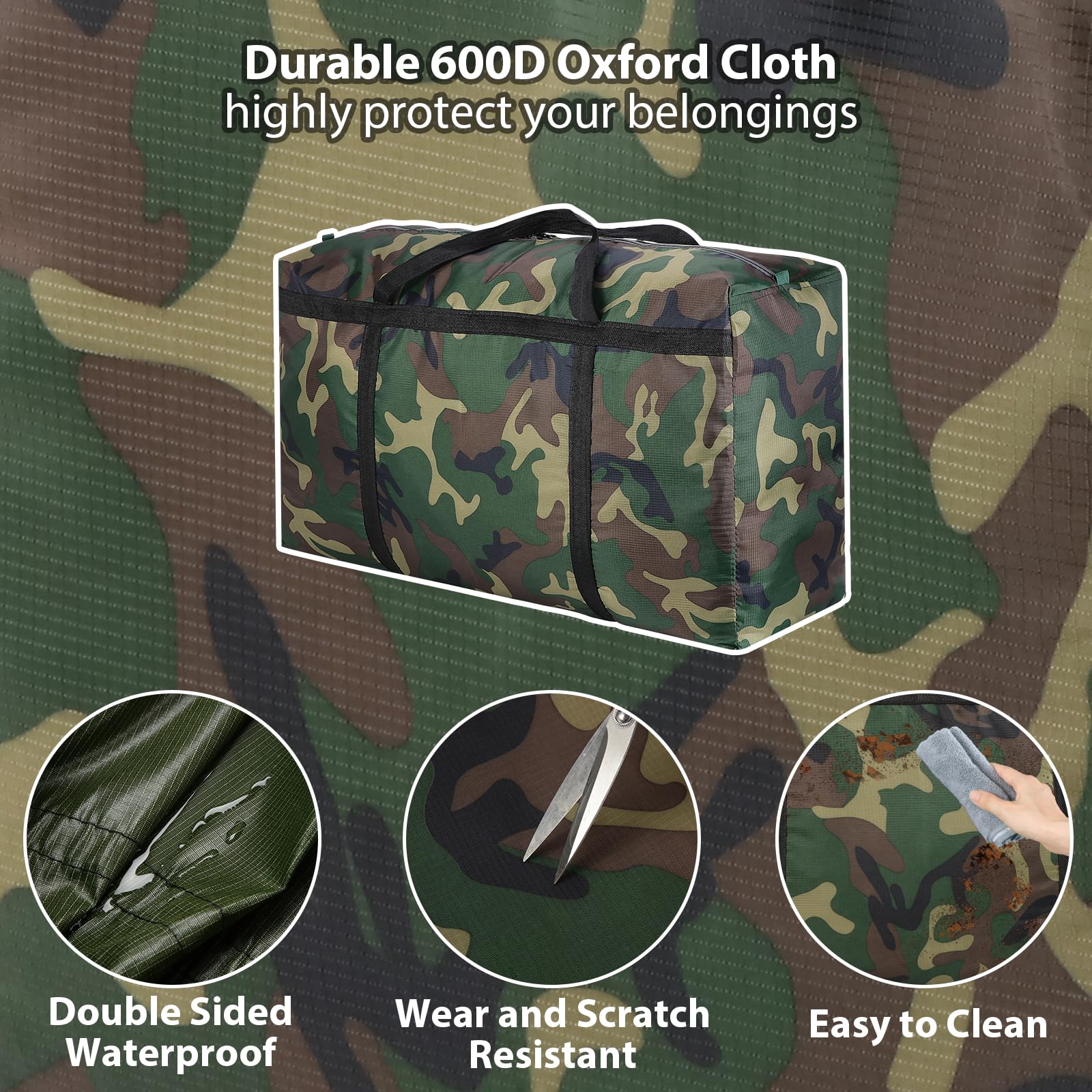 LINNTEAU 2 Packs 150L Camouflage Extra Large Moving Bags, Heavy Duty Storage Bags, 600D Oxford Cloth Wrap Around Handles Double Zipper, Waterproof Reusable Convenient (150L - 2 Packs)