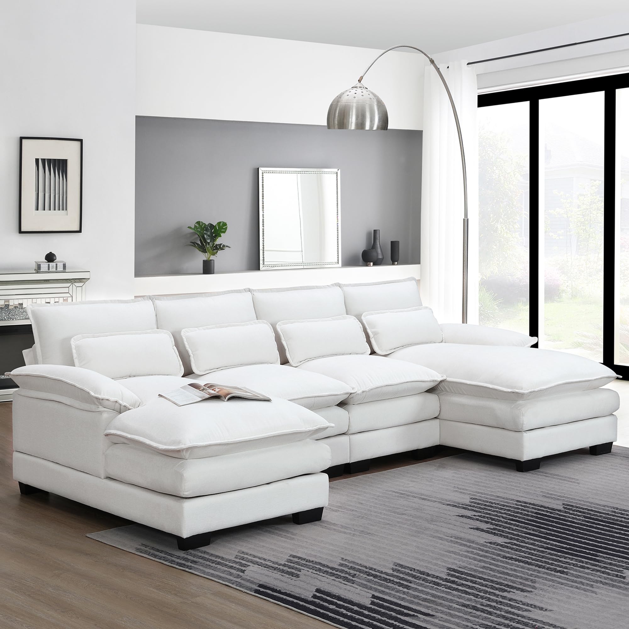 GNIXUU 109.8“ Sectional Sofa Cloud Couch for Living Room, Modern Chenille Large Overstuffed U Shaped Couch, Comfy Modular Sofa Sleeper with Double Chaise & Cushions(White)