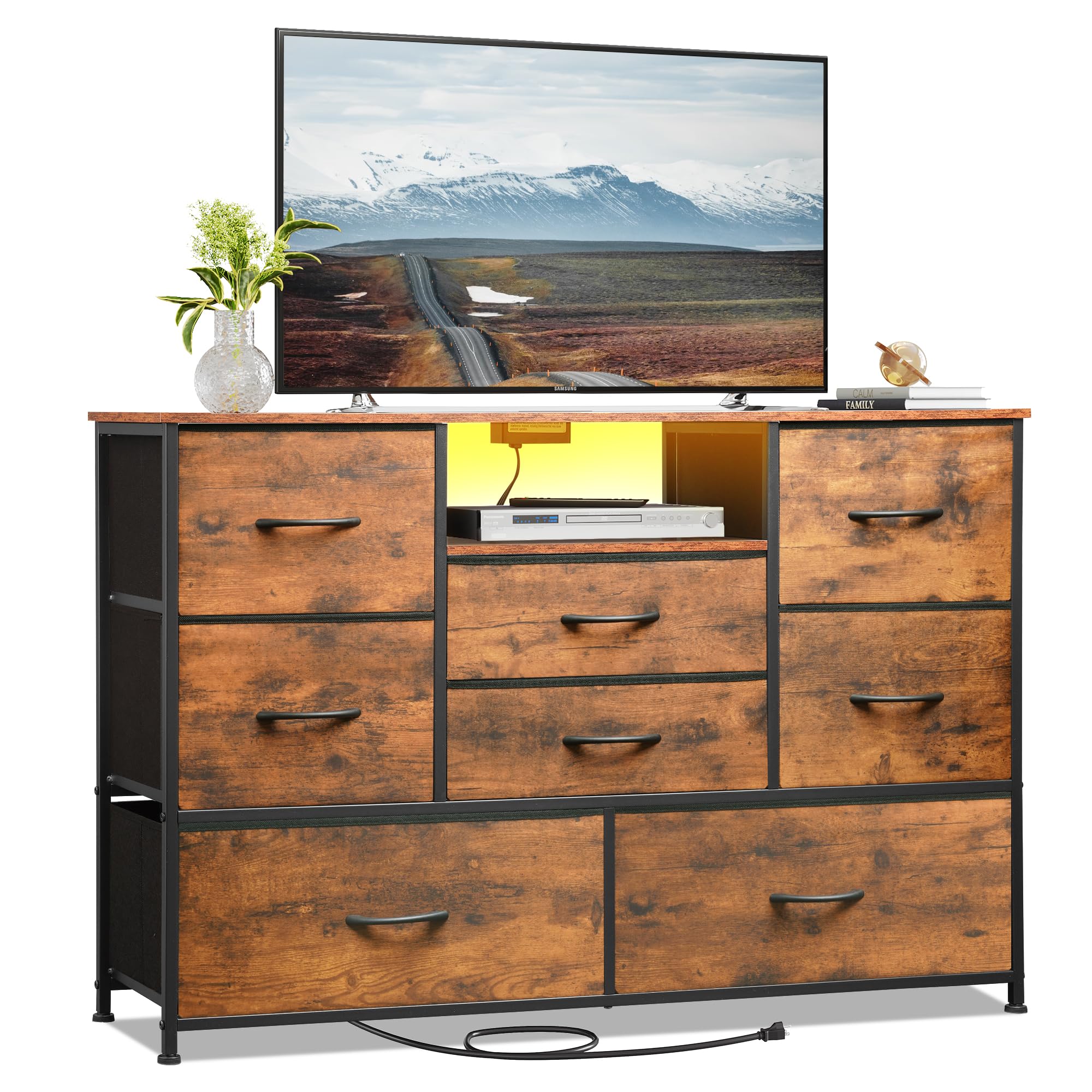 EKNKOZY Dresser TV Stand with 8 Drawers, Dresser TV Stand with LED Lights & Power Outlets, Bedroom Dresser, Chest of Drawers for 55'' Long TV, Wide Fabric Dresser (Rustic Brown)