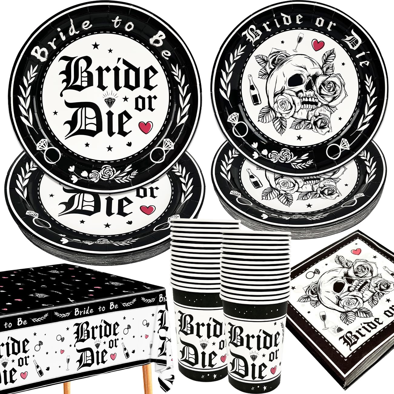 Bride or Die Bachelorette Party Decorations-121Pcs Halloween Bride or Die Paper Plates and Napkins Cups and Tablecloth Disposable Dinnerware Set for Bridal Shower Engagement Wedding Bachelorette Party