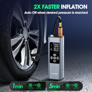 Cocosun Tire Inflator Portable Air Compressor, 2X Faster Inflation [9400mAh Battery & 12V DC Cord] Car Tire Pump with LCD Dual Display, 150PSI Electric Air Pump for Car SUV MPV RV Bike Ball,Grey