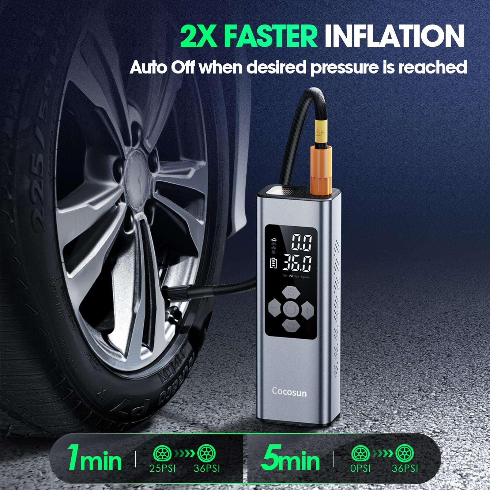 Cocosun Tire Inflator Portable Air Compressor, 2X Faster Inflation [9400mAh Battery & 12V DC Cord] Car Tire Pump with LCD Dual Display, 150PSI Electric Air Pump for Car SUV MPV RV Bike Ball,Grey