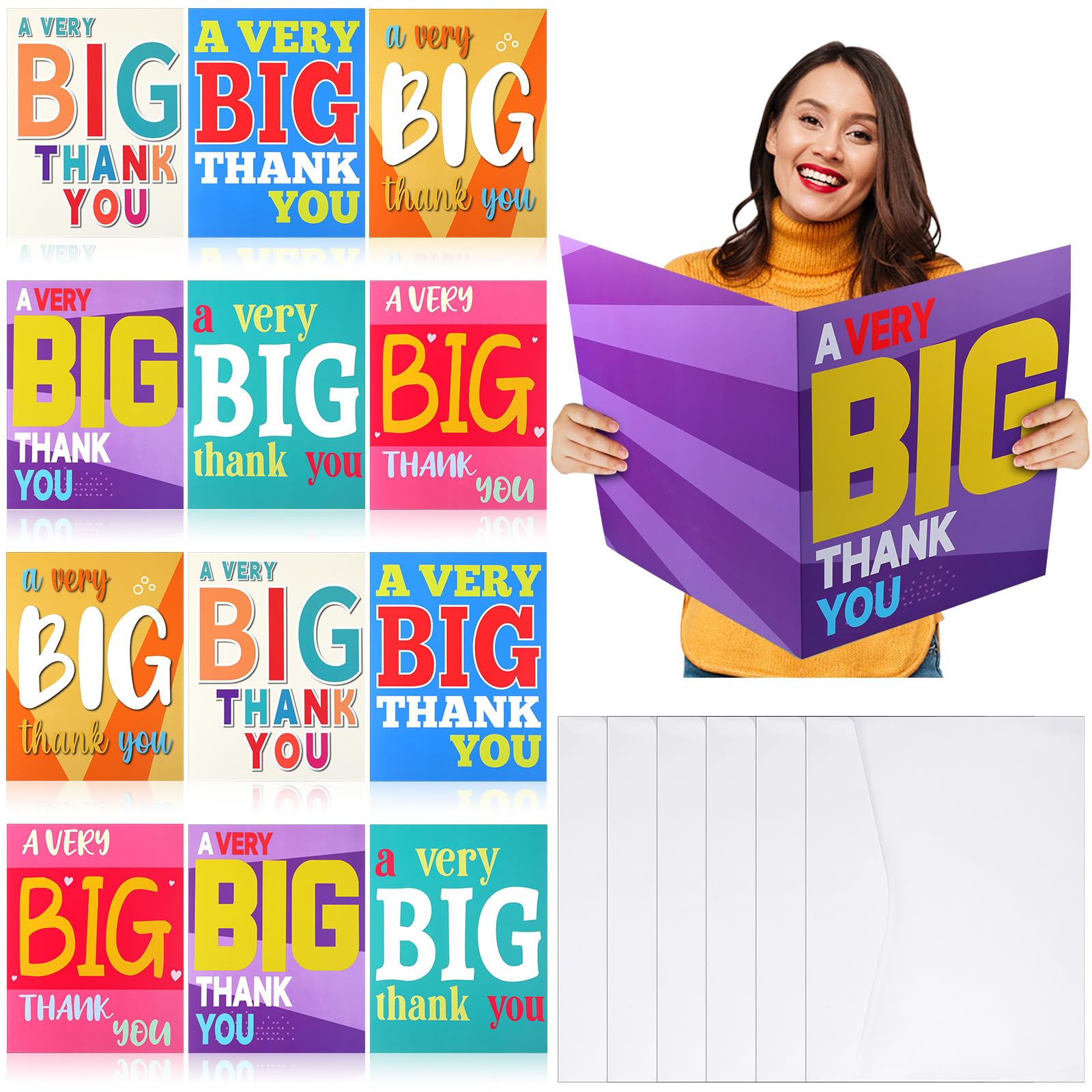 Zhanmai 12 Pack Very Big Thank You Card Jumbo Farewell Card with Envelope Large Funny Greeting Cards Giant Appreciation Cards Gift for Employee Coworker Birthday Christmas Gift, 14.4 x 22.1''