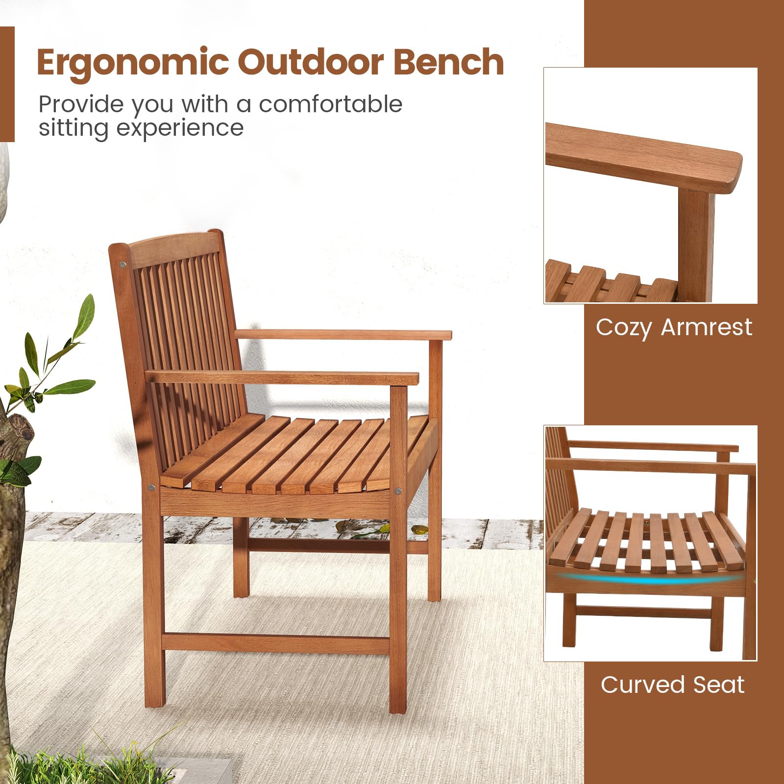 Tangkula Outdoor Garden Bench, 2-Person Eucalyptus Wood Bench with Backrest, Armrests and Slatted Seat, Patio Garden Bench for Yard, Porch, 800 lbs Capacity, Natural