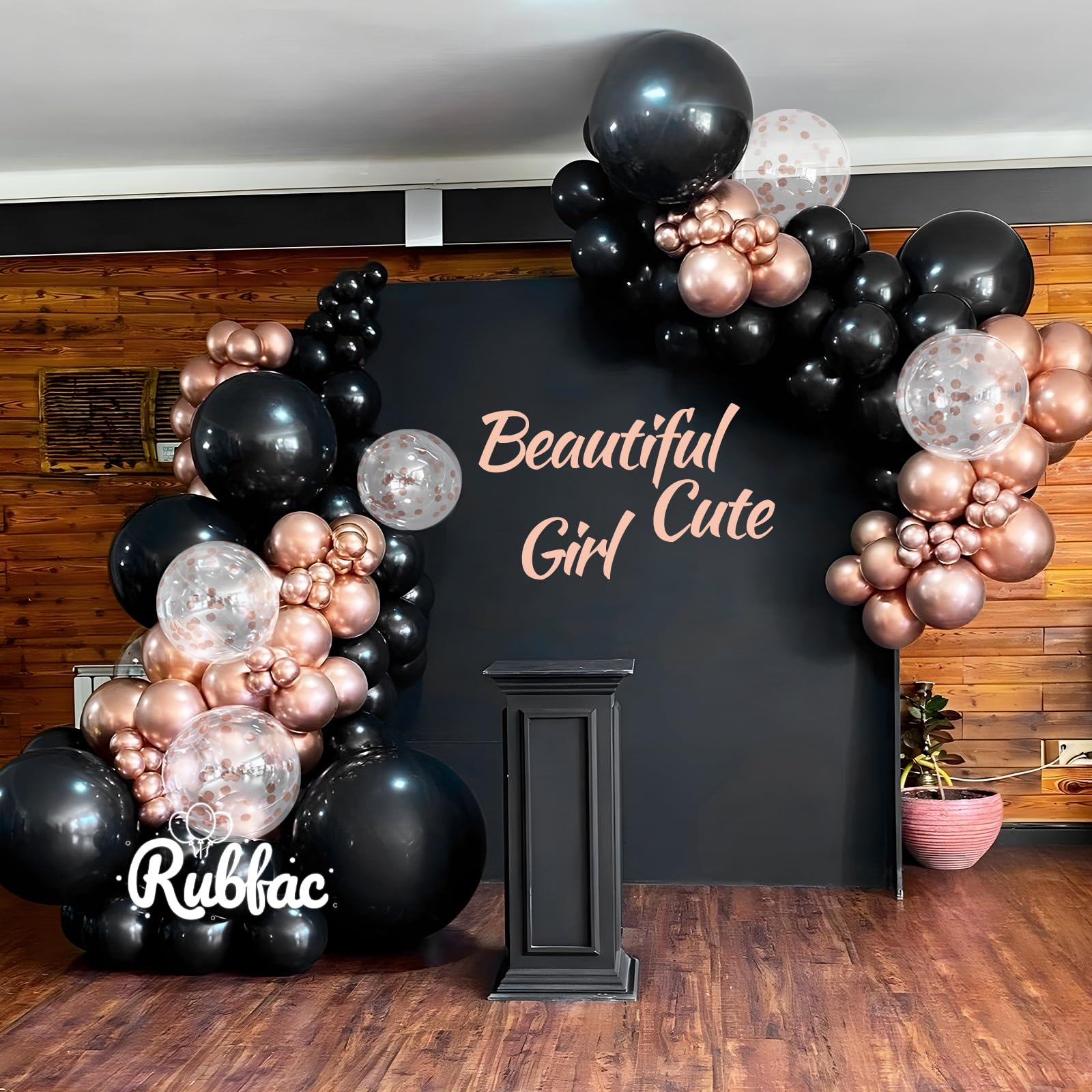 RUBFAC 120pcs 12 Inches Black and Rose Gold Balloon Kit, Rose Gold Confetti Balloons for Valentine's Day, Birthday Party Wedding Graduation Engagement Party Decorations