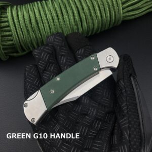 HUAAO 7.3 Inch Camping Folding Knife, Pocket Knife with 440C Steel Blade G10 Handle, Lock Back Knife with Leather Sheath (Green Handle)