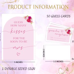 Pink Floral Bridal Shower Game, Guess How Many Kisses For The Soon To Be Mrs, Pack of 1 Sign and 50 Guessing Cards, Modern Bridal Shower Decorations, Wedding Shower Supplies - 01