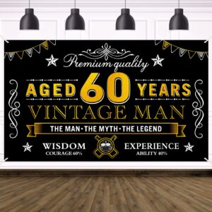 happy 60th birthday banner decorations for men, black gold vintage 60 birthday sign party supplies, sixty year old birthday party background poster(72.8 x 43.3 inch)