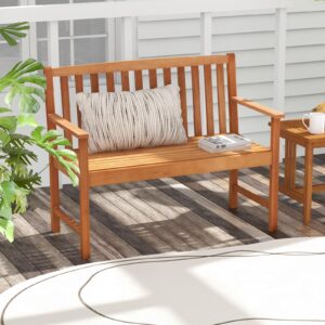 Tangkula Outdoor Garden Bench, 2-Person Eucalyptus Wood Bench with Backrest, Armrests and Slatted Seat, Patio Garden Bench for Yard, Porch, 800 lbs Capacity, Natural