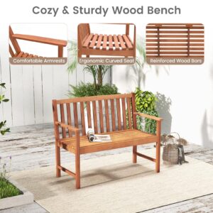 Giantex Outdoor Bench, Wood Patio Bench with Cozy Armrests & Backrest, Slatted Sitting Area, Eucalyptus Wood Frame, 2-Person Loveseat for Park, Porch, Yard, 800 lbs Max Load, Garden Bench (Eucalyptus)