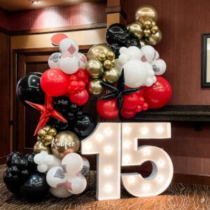 RUBFAC 100pcs 12 Inches Red Black and Gold Balloons Kit, Metallic Chrome Gold and Latex Red Black Balloons with Ribbons for Birthday, Wedding, Anniversary, Festival Decorations